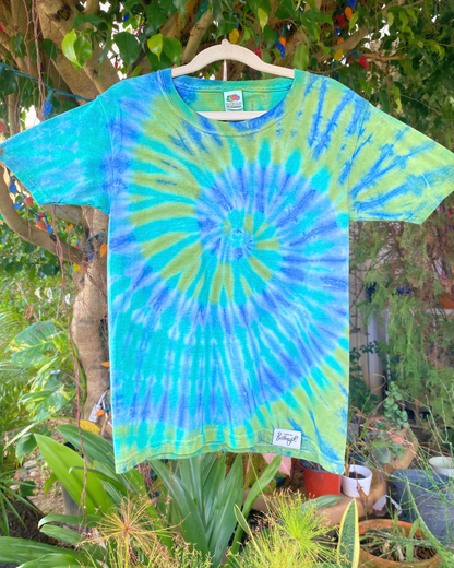 Blue-Green Spiral Tie-Dyed Tee | Kid’s XS